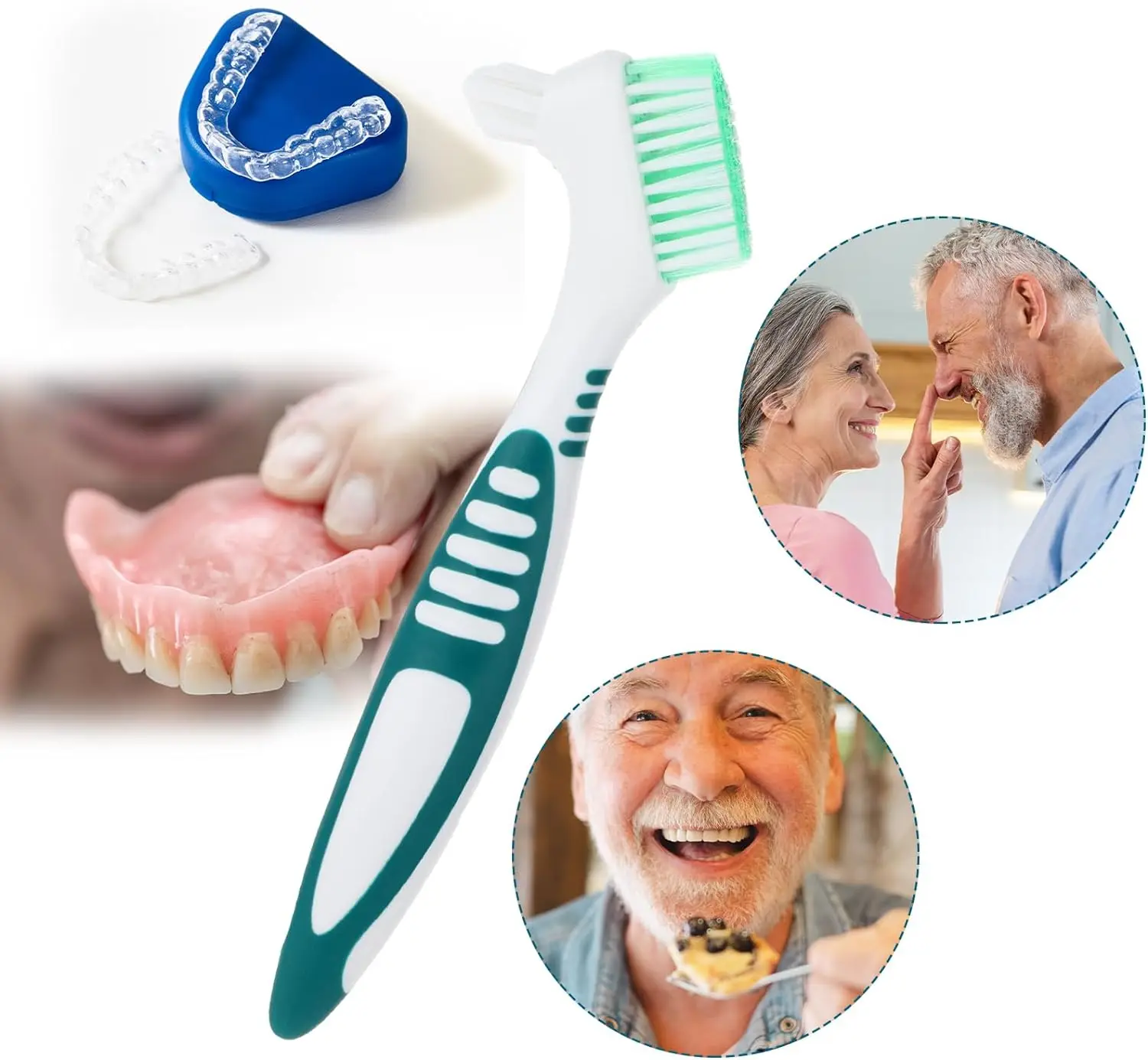 SJ Denture Cleaning Brush Premium Hygiene Denture Cleaner Set Multi-Layered Bristles Rubber Handle Dental Toothbrushes