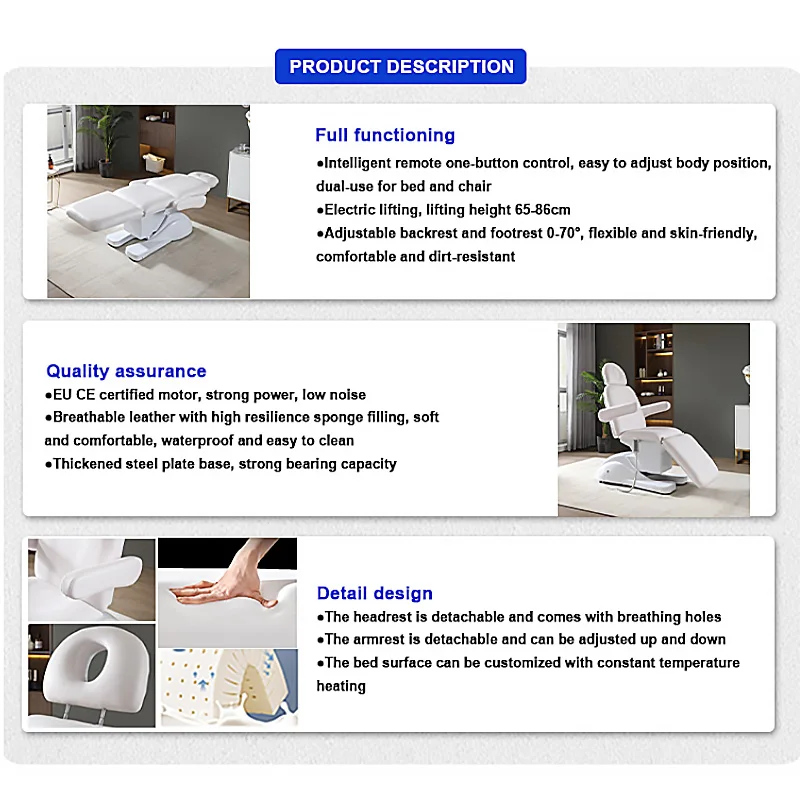 Latest Modern Facial Spa 3 Motors Adjustable Eyelash Comfortable Cosmetic Massage Electric Beauty Bed