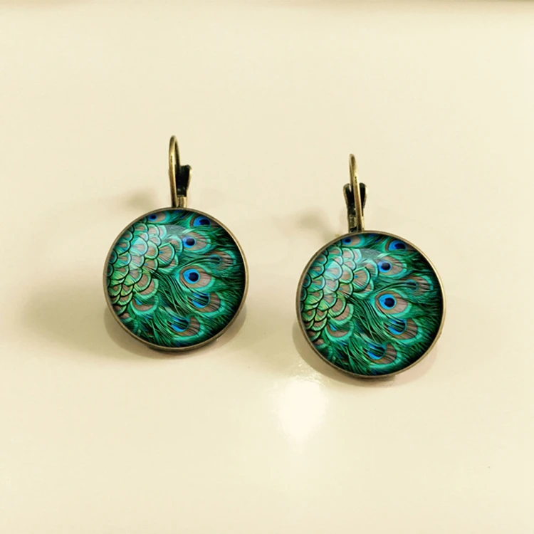 FT-115 Wholesale Women Alloy Glass Round Ear Jewelry Women Vintage Handmade Peacock Feather Earrings for Girls