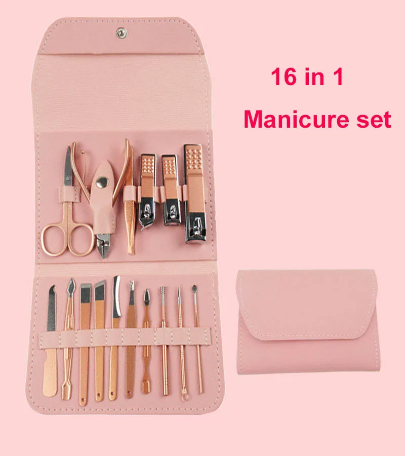16-piece Pink PU Manicure Set Kit fully functional nail clipper set Nail Care Manicure Tools nail cutter Popular