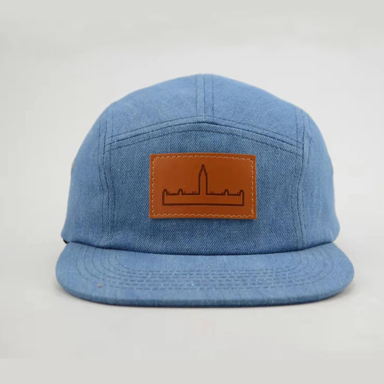Custom Leather Patch 5Panel 5 Five Panel Denim Camp Camping Camper Hat Cap With Leather Strap Back Leather Logo
