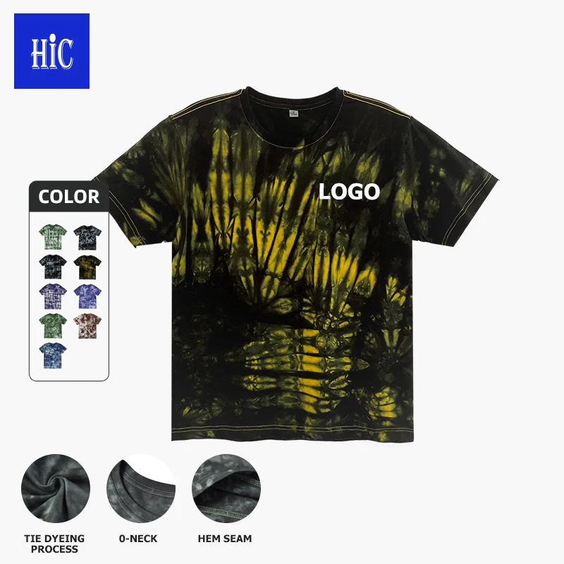 HIC Wholesale Plus Size 280g 100%Cotton Tie Dye T-shirt Oversize Off Shoulder Sleeve  Tee Shirts With Logo Customize O-Neck Tops