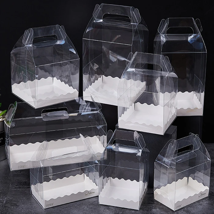 transparent PET plastic packaging bags wholesale transparent tall clear cake boxes with window handle lid boxes