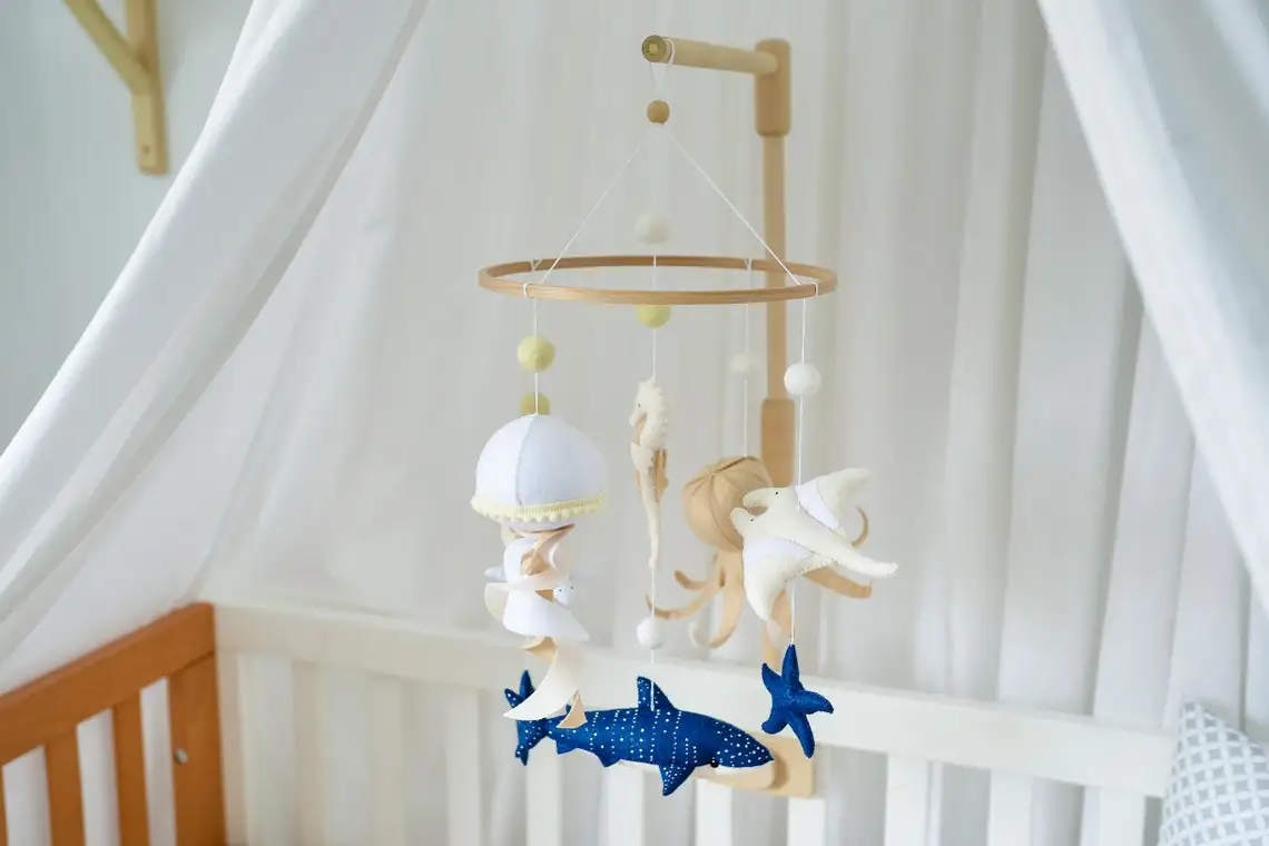 Handmade Felt Baby mobile ocean Nautical nursery mobile Whale shark hanging crib mobile