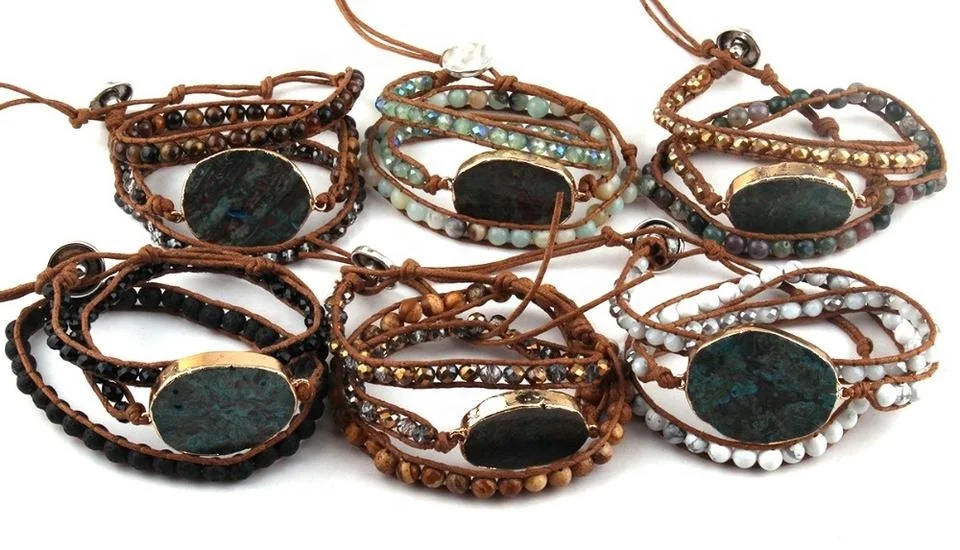 Fashion Women bracelet Handmade Natural Stone glass beads bracelet 3 row Men Leather Wrap Bracelet Dropship