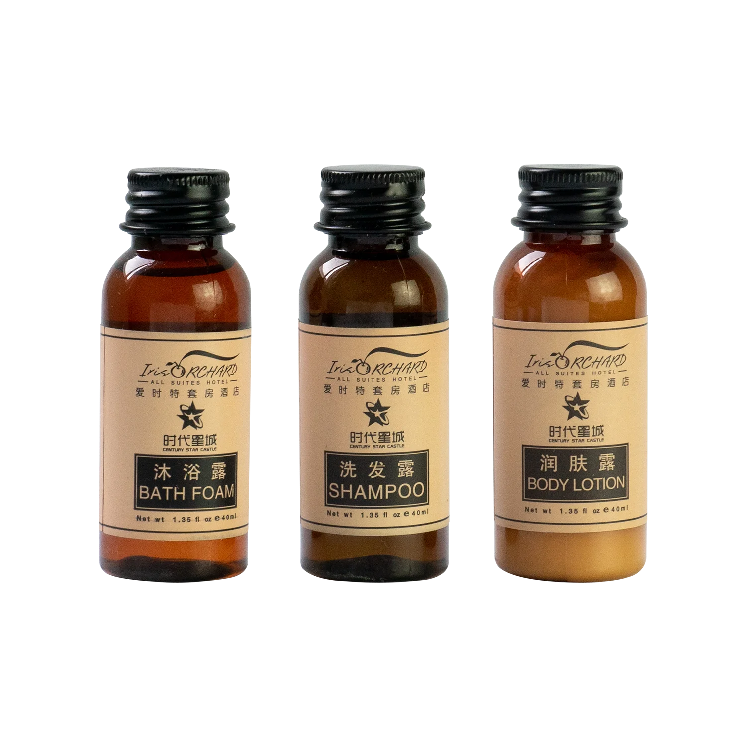 Custom private label hotel amenities toiletries set 40ML mini disposable shampoo and shower gel bath bottle supplies