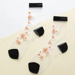 Summer fashion super bright silk japanese small daisy custom sock glass-fiber thin high quality women girls Transparent socks