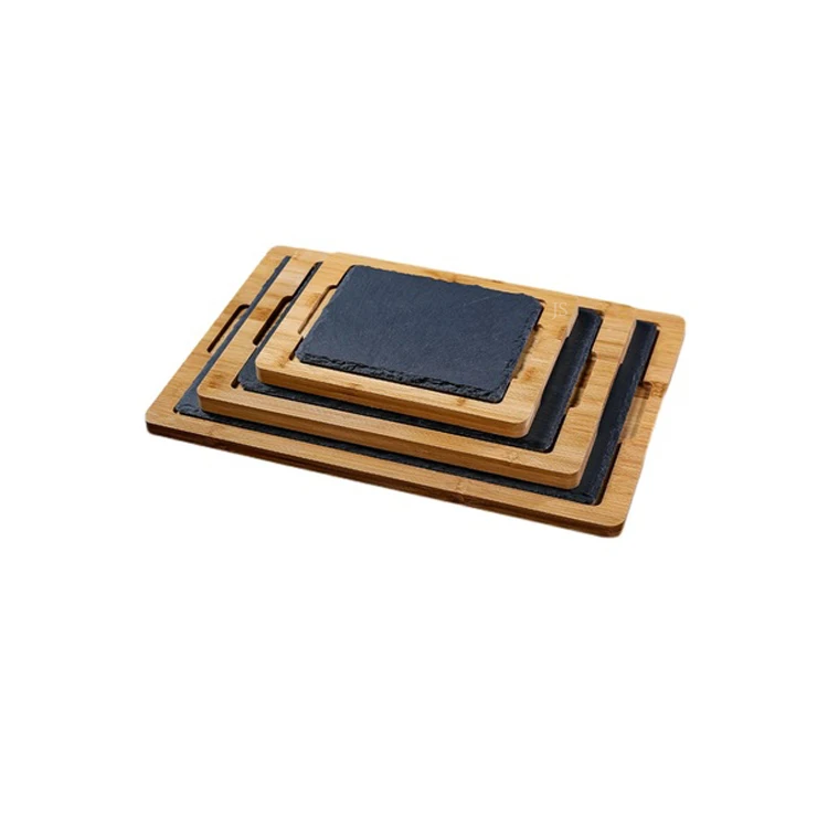 Natural bamboo rock plate Pizza Pasta creative stone tableware hotel restaurant Western steak plate with base