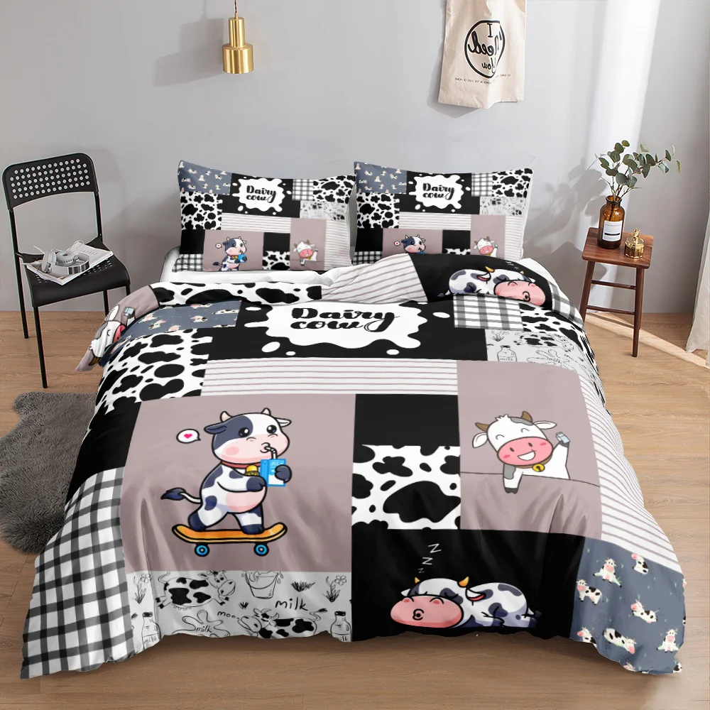 Sweet 3D cartoon cow strawberry duvet cover 3-piece set boys and girls decorative Pink Bedding