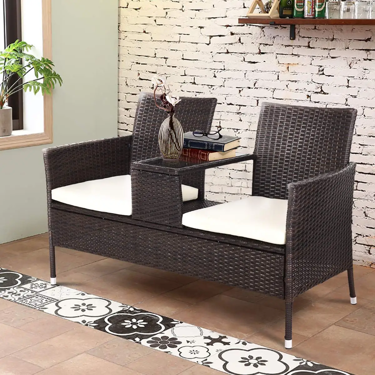 Кресло Loveseat, мебель из ротанга, наружные садовые наборы с водонепроницаемой кожаной подушкой (1600082066535)