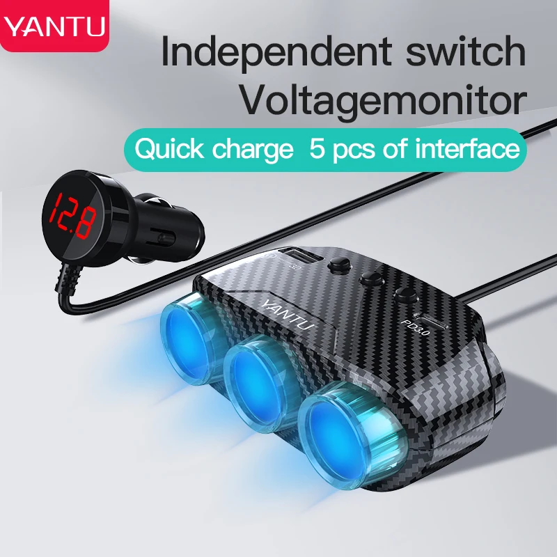 Зарядное устройство для автомобильного прикуривателя YANTU LM21 QC3.0 USB Type-C 3 гнезда 70