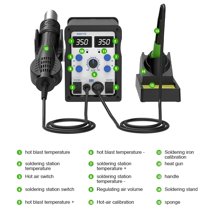 ATETOOL AM877D 110V 220V Soldering Station, 2 in 1 Digital Display Rework Station SMD Hot Air Soldering Iron