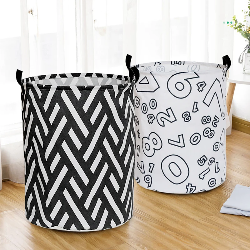 Folding Canvas Black White Printed Cotton Waterproof Collapsible Toy Organizer Clothes Laundry Storage Basket Bins with Handle
