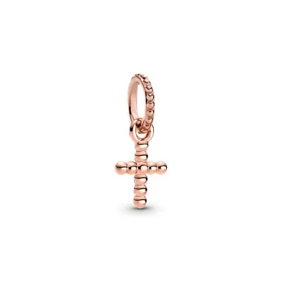 
925 sterling silver 14k Rose Gold Plating Beaded Cross Dangle Charm With Oval Bail Fit Pan Bracelet DIY Jewelry Gift For Women 