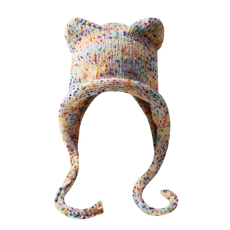 Autumn And Winter Ear Protection Full Head Cover Windproof Knitted Hats Cute Rainbow Cat Ear Beanies Hat Pullover Hats Women