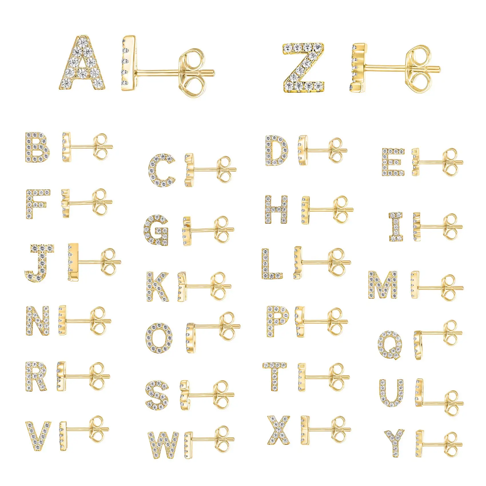 FirstMadam 18K Solid Gold Diamond Stud Earrings Fashion Alphabet Letter Initial Earrings