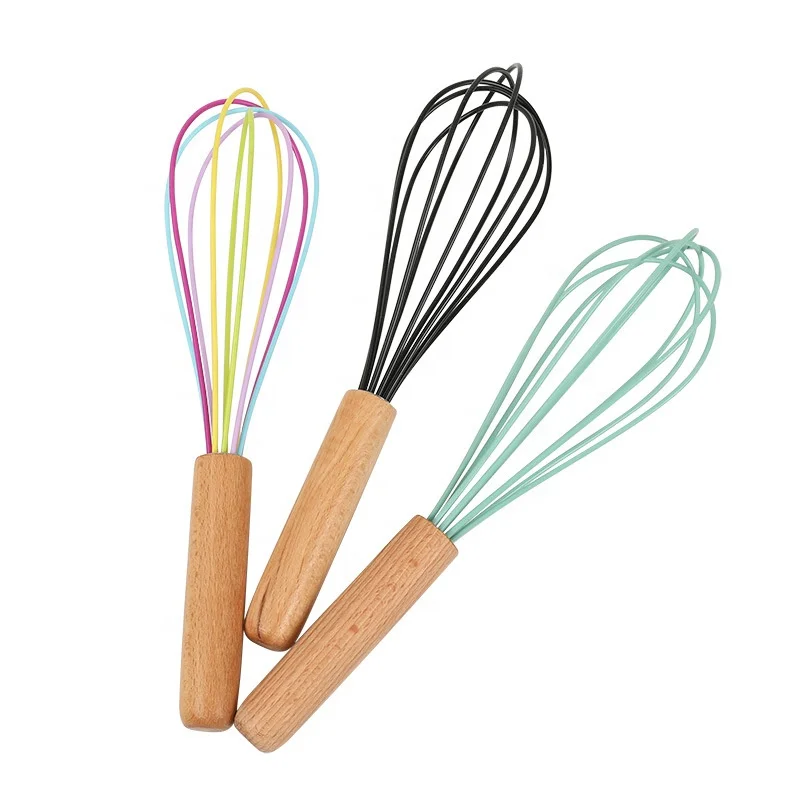 Hot Selling Engraved LOGO Silicone Egg Beaters Egg Beater Whisk Wooden Handle Manual Egg Whisk