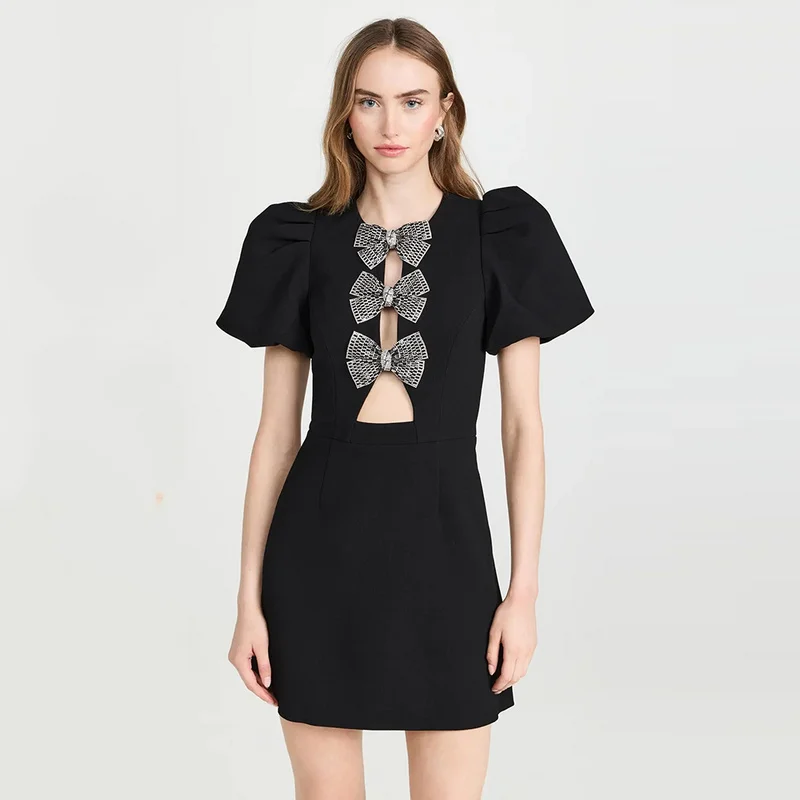 C3440 Western style club party dress Puff Short Sleeve front cut slim bow rhinestone women mini dress