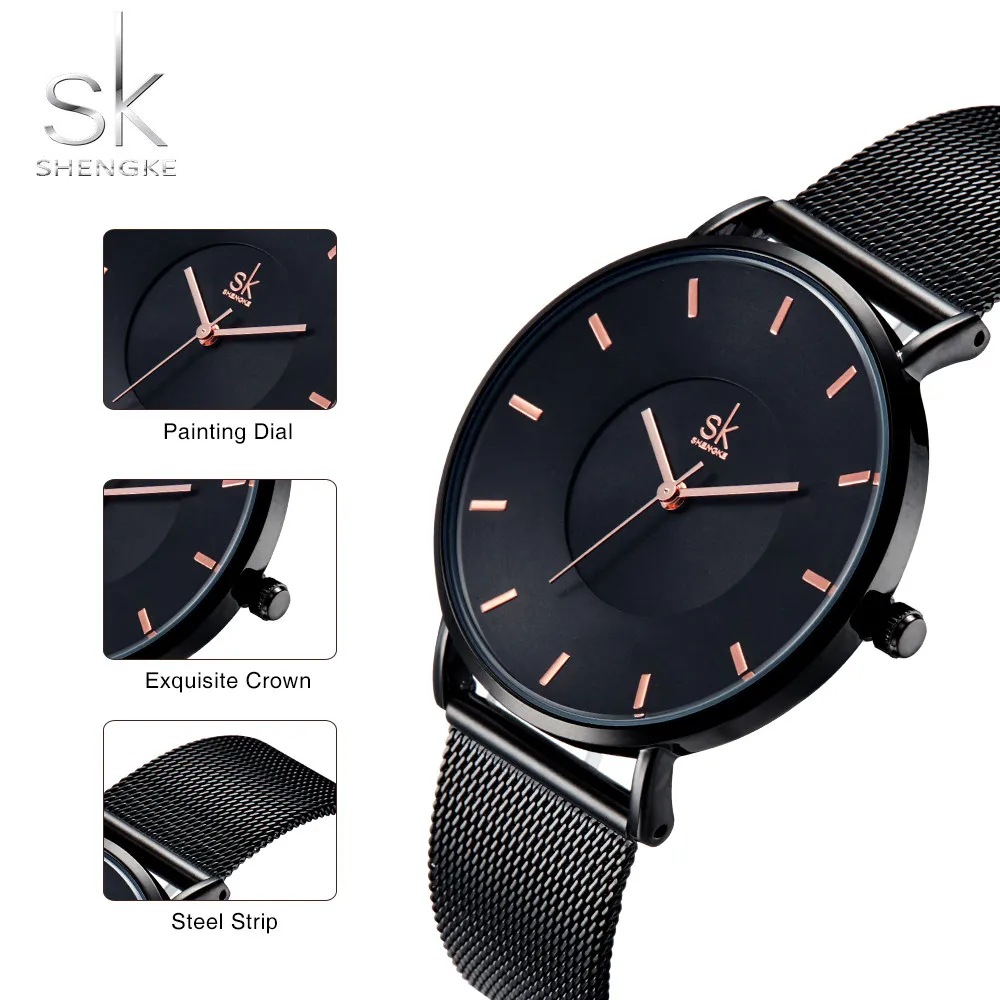Часы наручные SHENGKE K0059L женские кварцевые крутые черные с крышкой из
