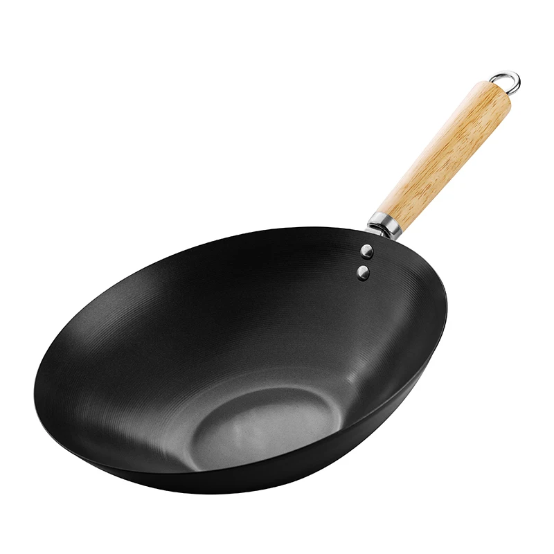 Maisons Kitchen Accessories Cookware Multifunction 12inch Cast Iron Nonstick Stir Fry Wok Pan with Wooden Handle Chinese Wok Pan