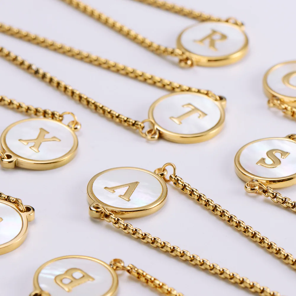 Fashion A-Z Women Box Chain Stainless Steel Bracelet Round Square Shell Initial Alphabet Charm Letter Bracelet