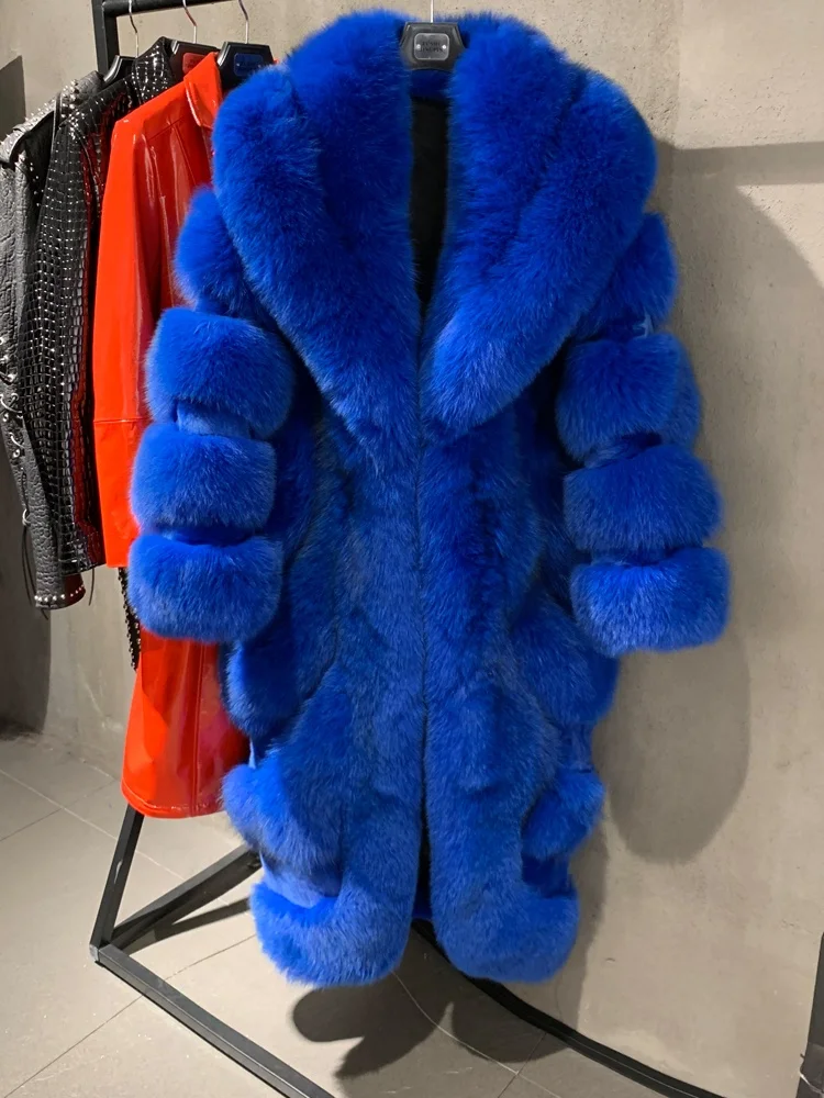 Trendy 2024 winter thick fur jackets luxurious loose long fur coat dark blue womens fur coats