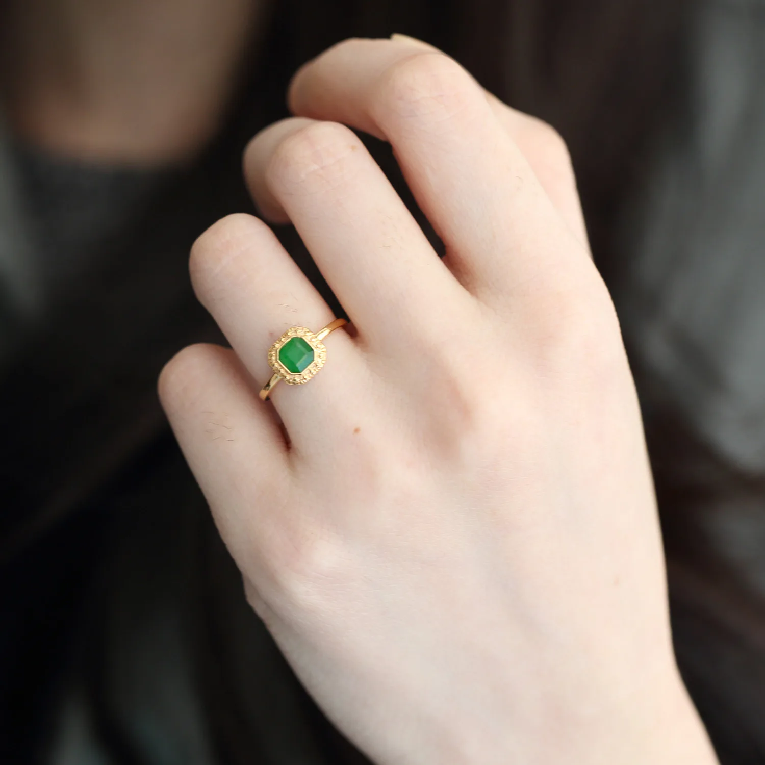 Wealth Retro Carved Octagon 925 Sterling Silver 10K Gold Plated Natural Emerald Engagement Rings For Women