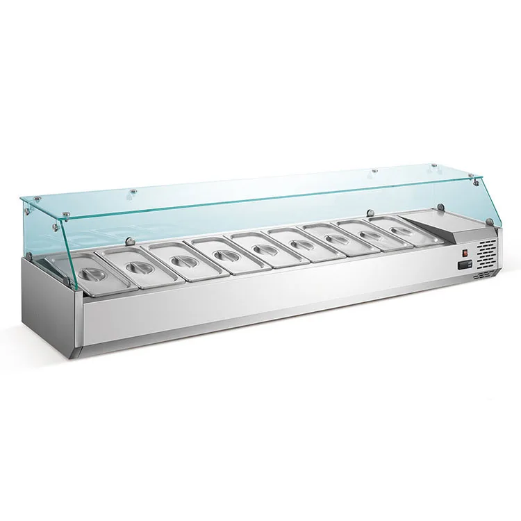 New products in 2024 Stainless Steel Countertop Buffet Glass Refrigerated Display Cooler Containers Salad Bar for food shop