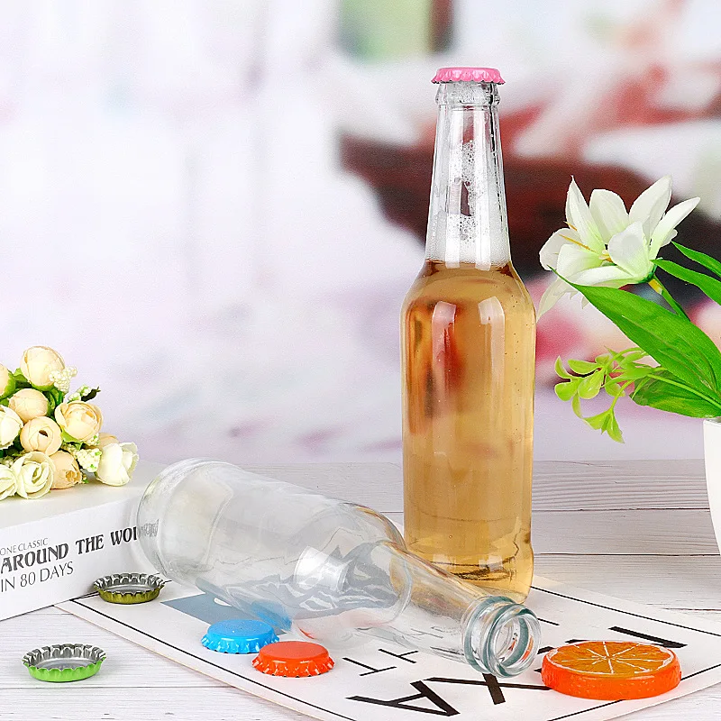 Customized Logo 330ml Amber Clear Glass Beer Bottle Glass Soft Drinking Beverage Dispenser Bottle with Crown Cap