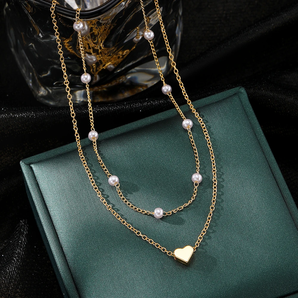 2024 New Fashionable Gold Pearl Geometric Heart Drop Cross Pendant Necklace For Women Jewelry Multilayer Link Chain Gift