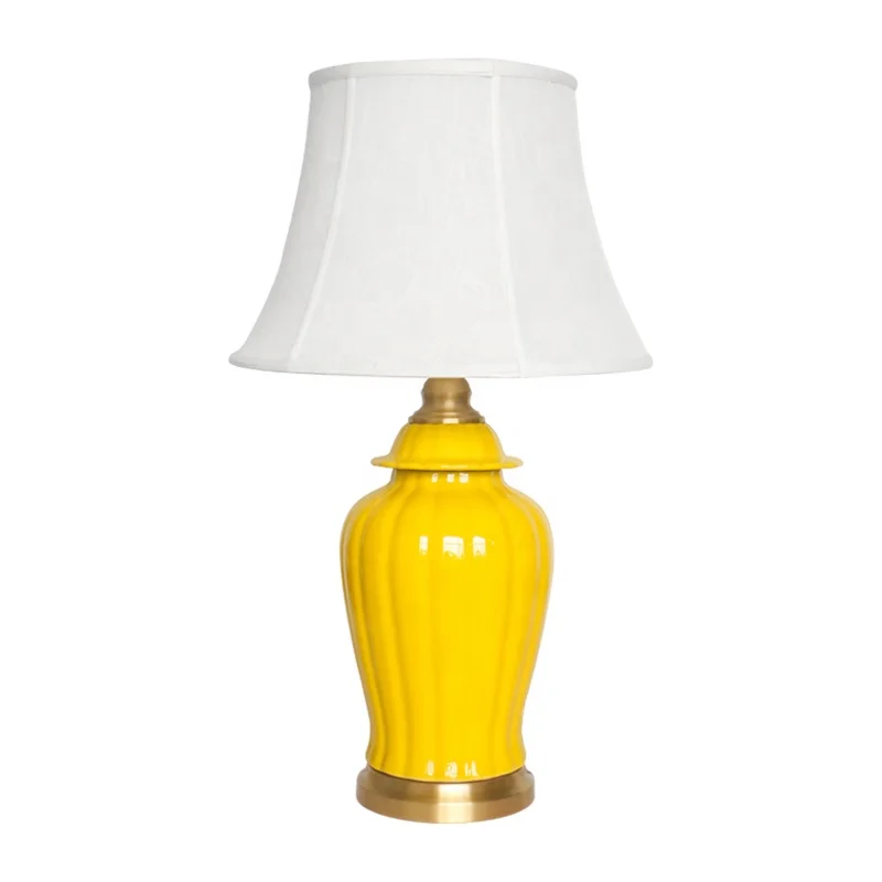 Chinese yellow temple jar ceramic table lamp with fabric shade hotel bedside table lamps decoration