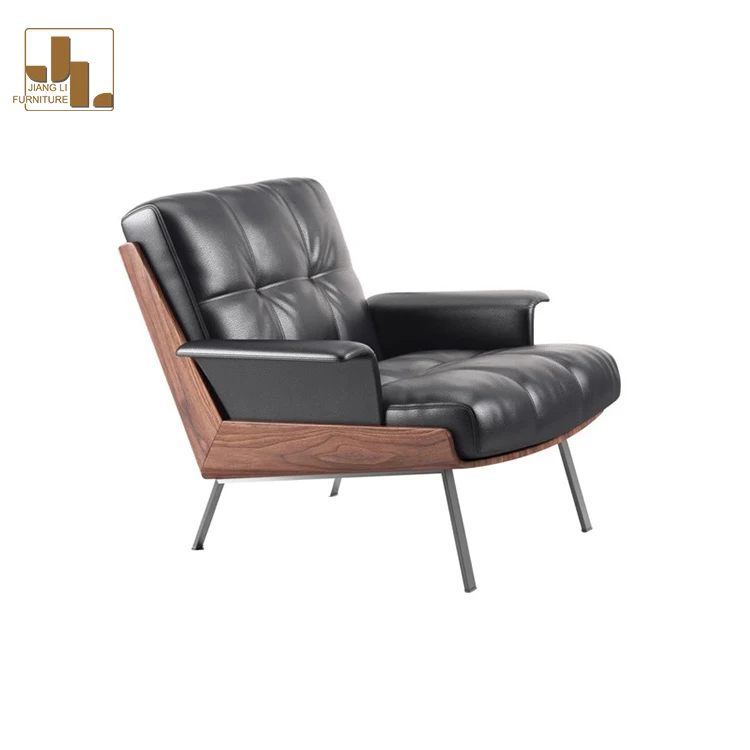 Nordic Walnut Color Wood Frame Leather Upholstered Lounge Chair Modern Living Room Hotel Luxury Accent Arm Chair Furniture
