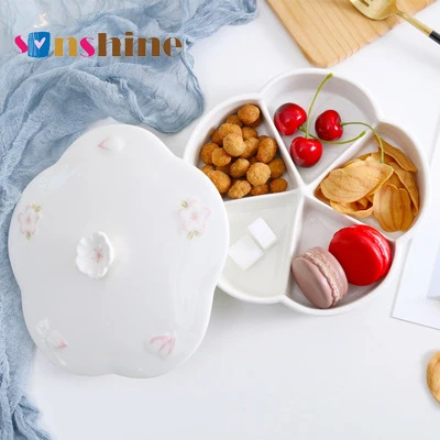 Креативная керамическая Сакура с тиснением Пять круглых тарелок для фруктов с крышкой