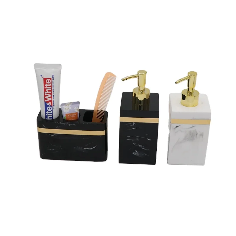 6 Piece Black Marble Look Golden Stripe Decoration Resin Bathroom Accessories Set