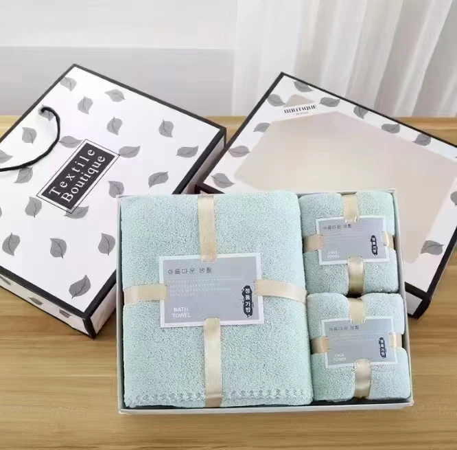 Custom Hot Sell Coral Fleece Towel Gift Box Set High Density Absorbent Soft Coral Fleece Bath Face Towel Promotional Gift Sets