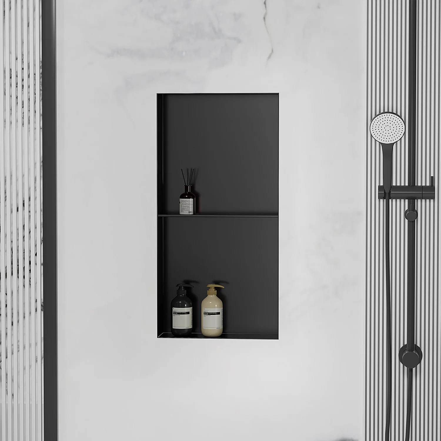Modern Shower Wall Niche 600mm Matt Black Recessed Stainless Steel 304 2 Tiers for Bathroom