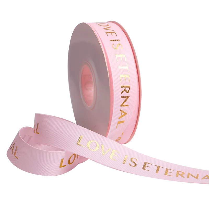 Love is eternal custom gift flower cake package ribbon ,  1inch 25mm customized brand artwork gold foil logo printed ribbon