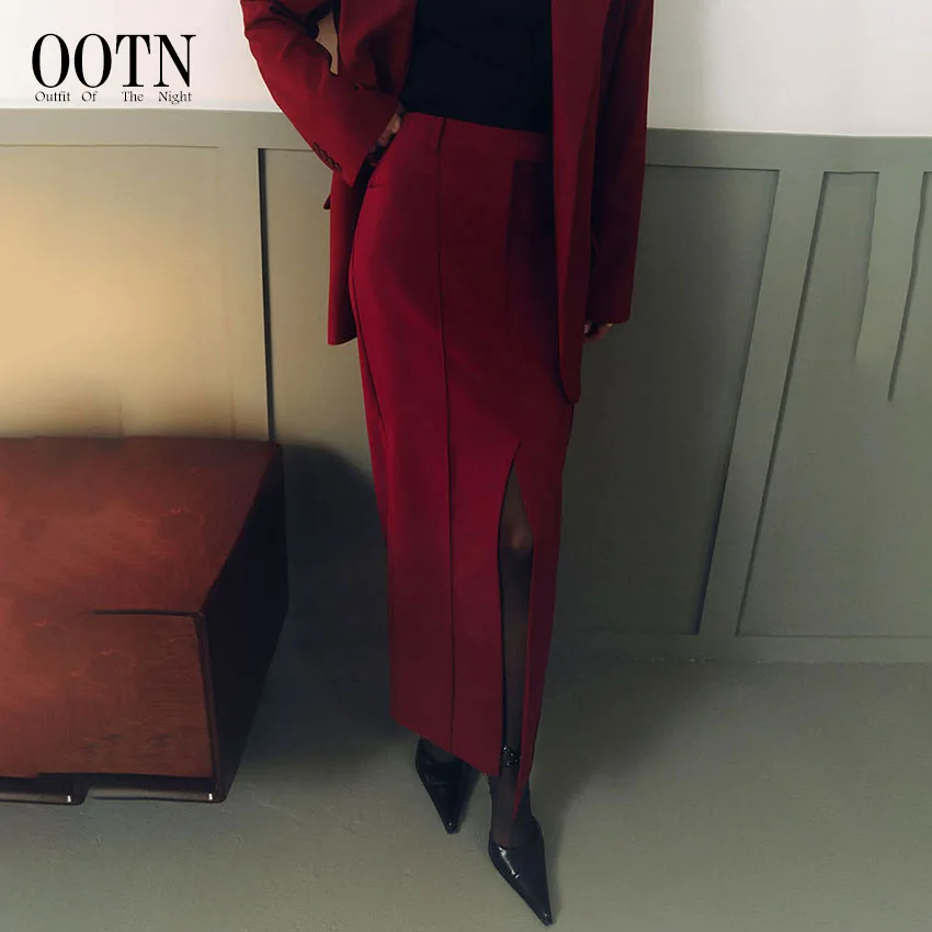 OOTN Office Lady Red Straight Skirts 2024 Elegant High Waist Pleated Skirt Women Fashion Casual Twill Long Skirts Spring Zipper