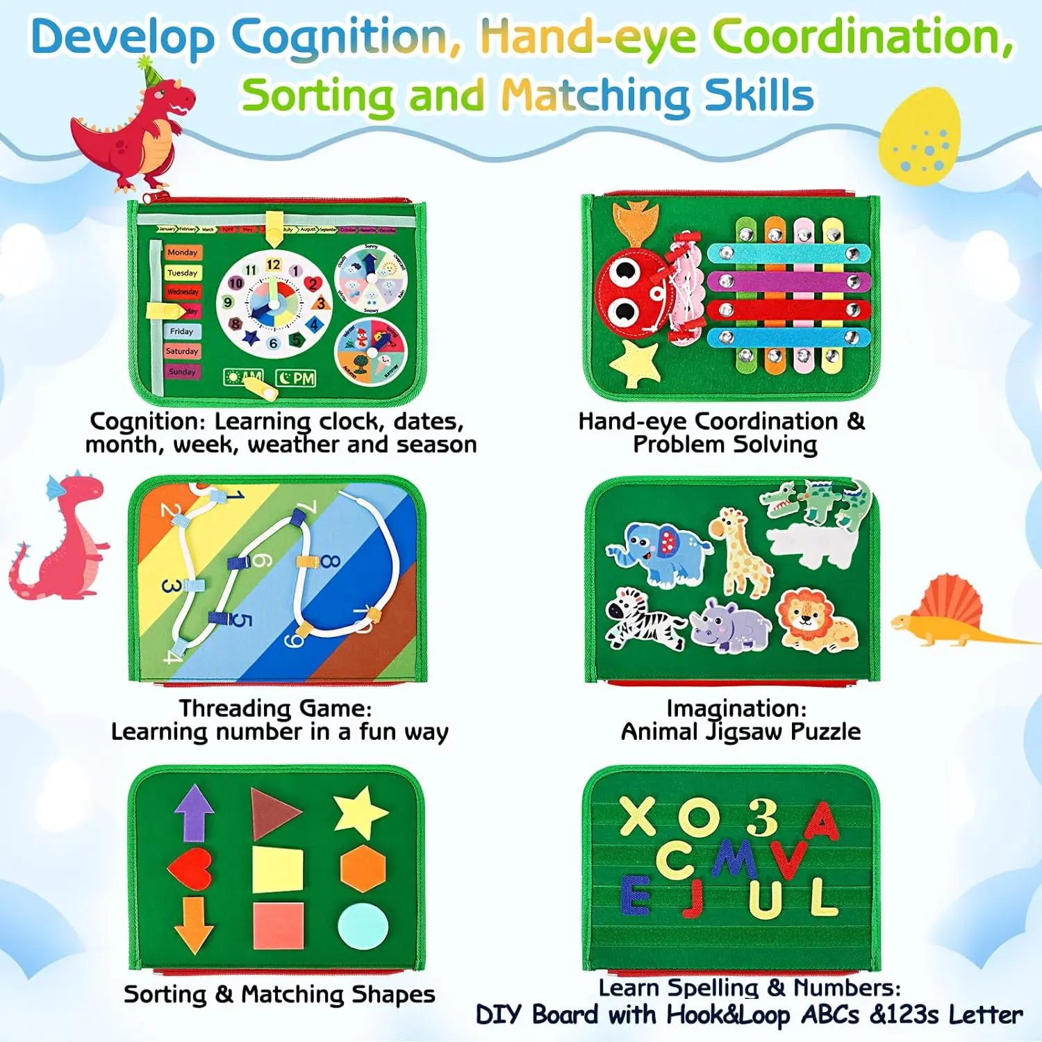 Christmas Thanksgiving Gift Green Dinosaur Pink Unicorn Montessori Educational Kids Toddlers Toy Felt Busy Board Quiet Books