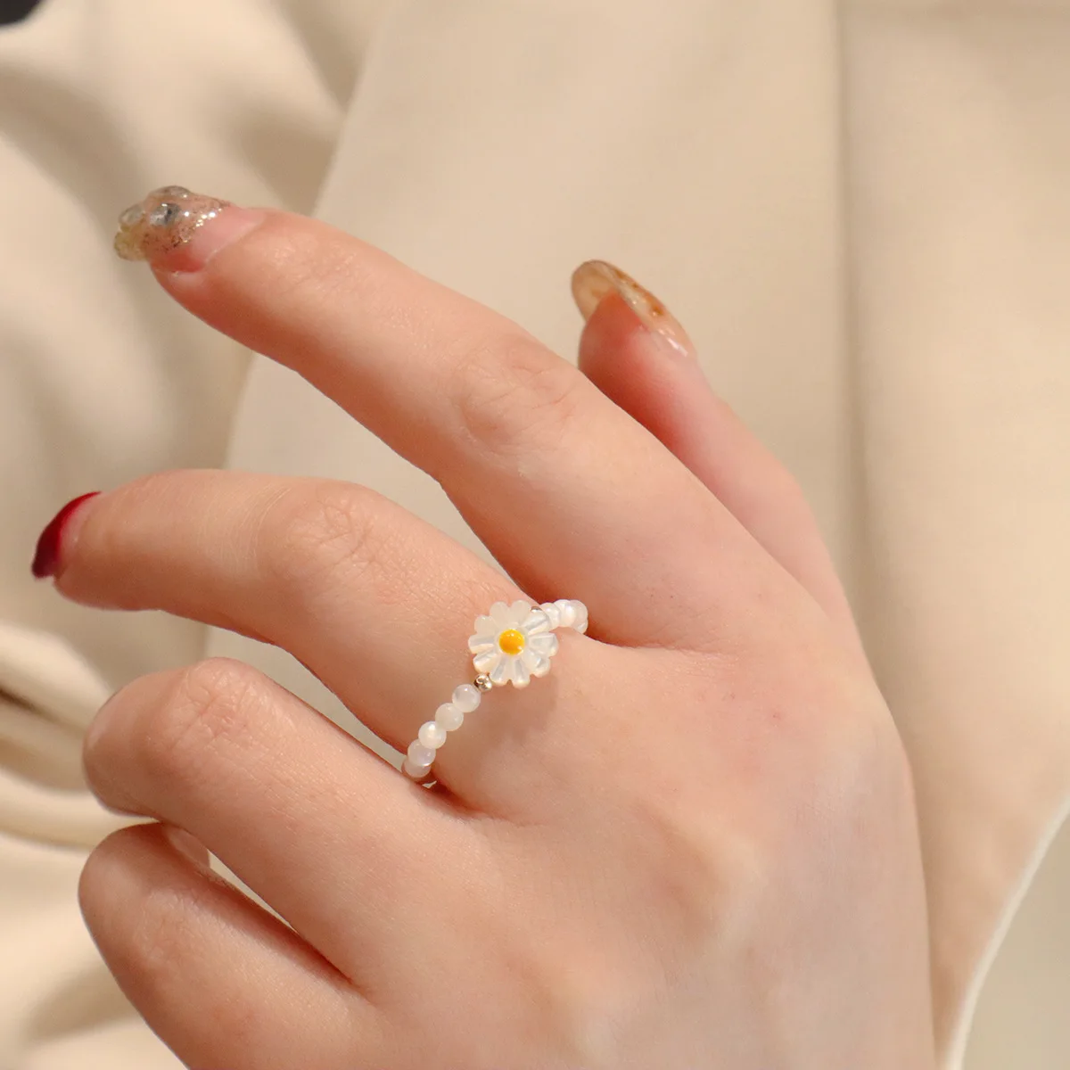 Cute Shell Cat Flower Ring Fashionable Shell Rice Beads Beaded  Elastic Ring 2024 New Jewelry Ring for Women