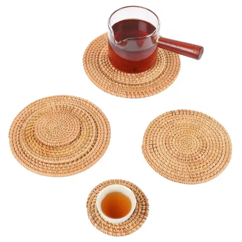 Natural hand woven rattan coasters Hand made natural rattan cup Mat epoxy resin coasters