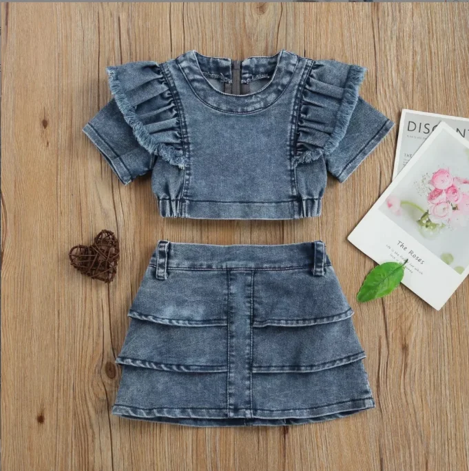 new ruffled design girls 2 piece shorts jumpsuits denim fabric  kids summer jean shorts dress set