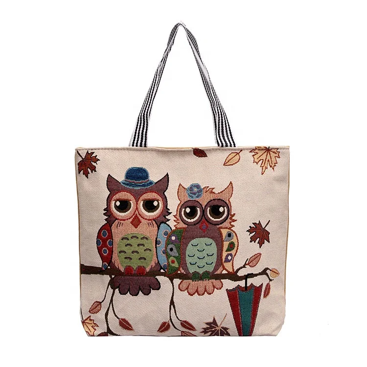 2022 cheap hot sell cotton owl printing shopping beach bag for lady