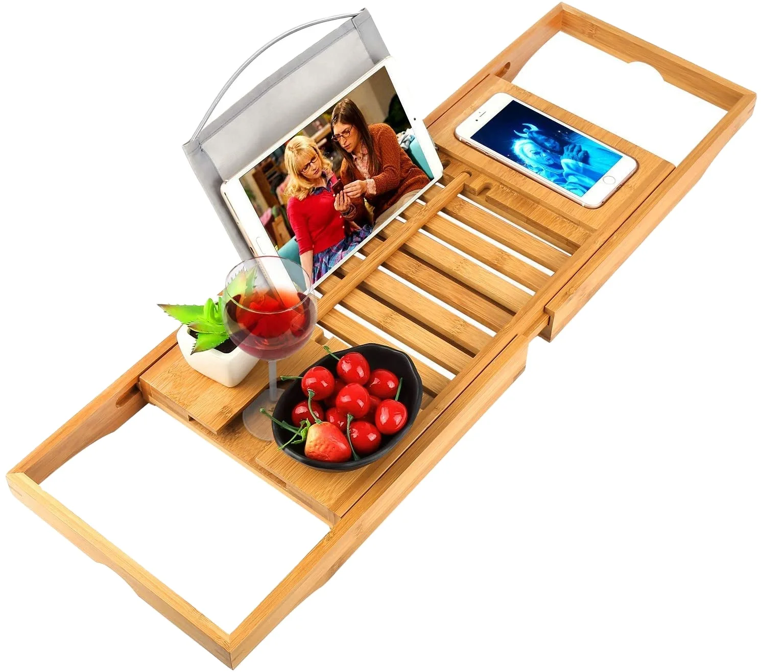 Premium Luxury Tray Bathtub Tray Bamboo Bathtub Caddy Tray with Extending Sides Adjustable Book Holder (1600173966296)