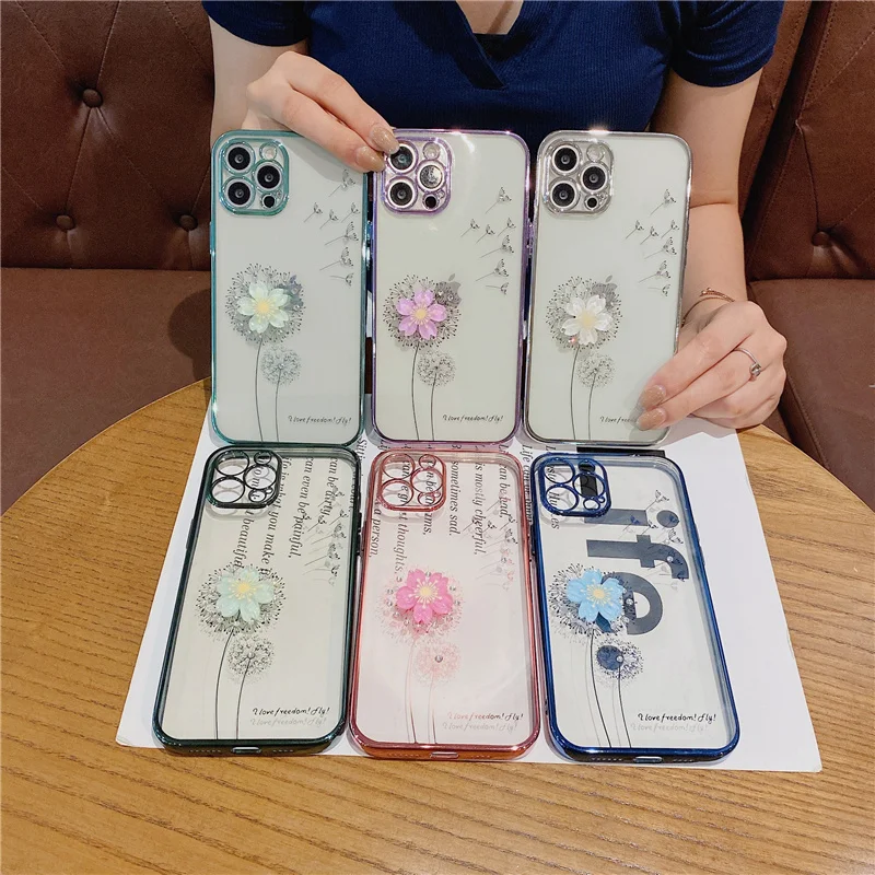 Новинка Прозрачный чехол для телефона с алмазным цветком вращающийся для iphone 7 8 se x xs xr 11 12 pro max, для iphone 12 позолоченный чехол