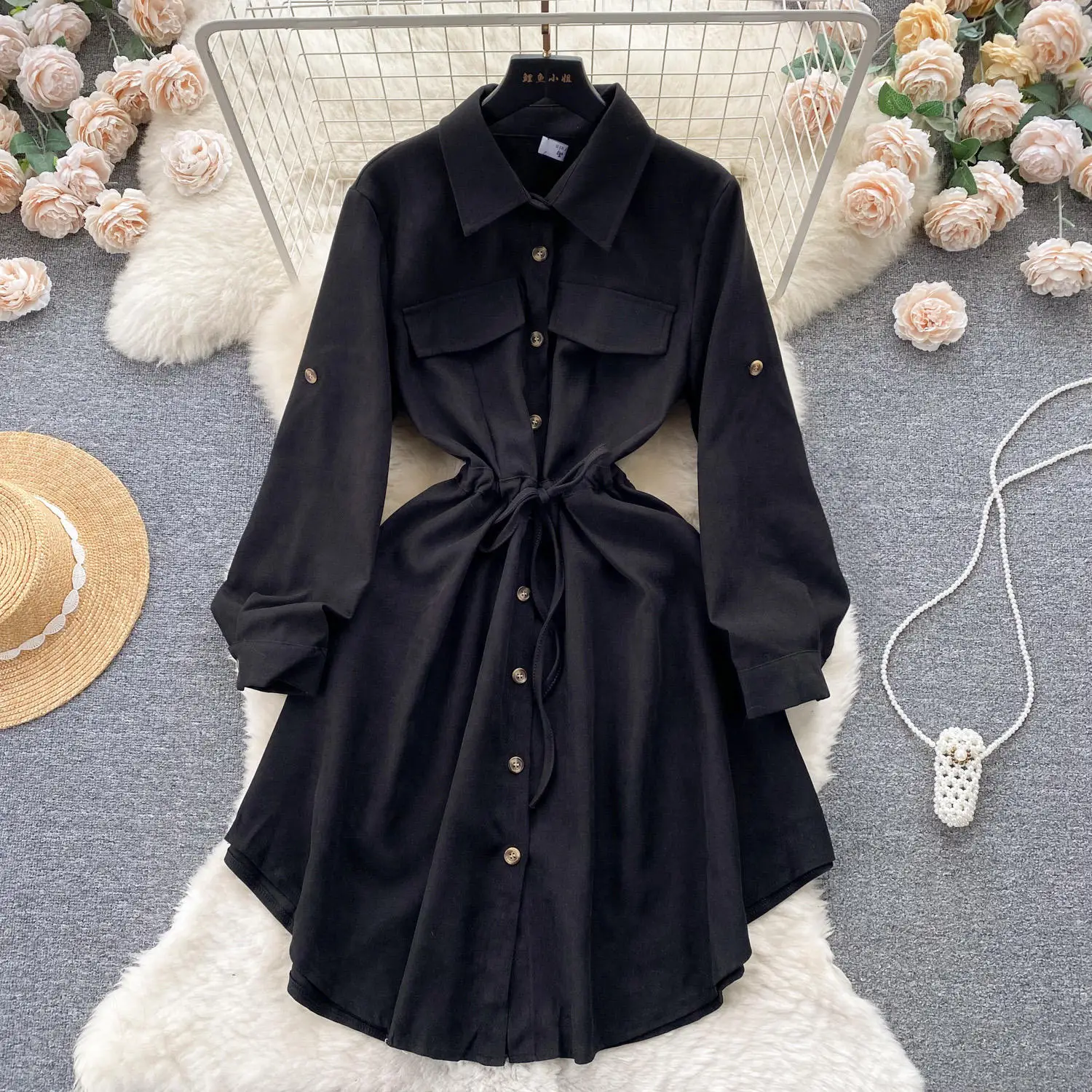 Autumn Vintage Asymmetric Tunic Slim Shirt Turn-Down Collar Midi Dress With Long Sleeves Empire Lace Dresses For Women