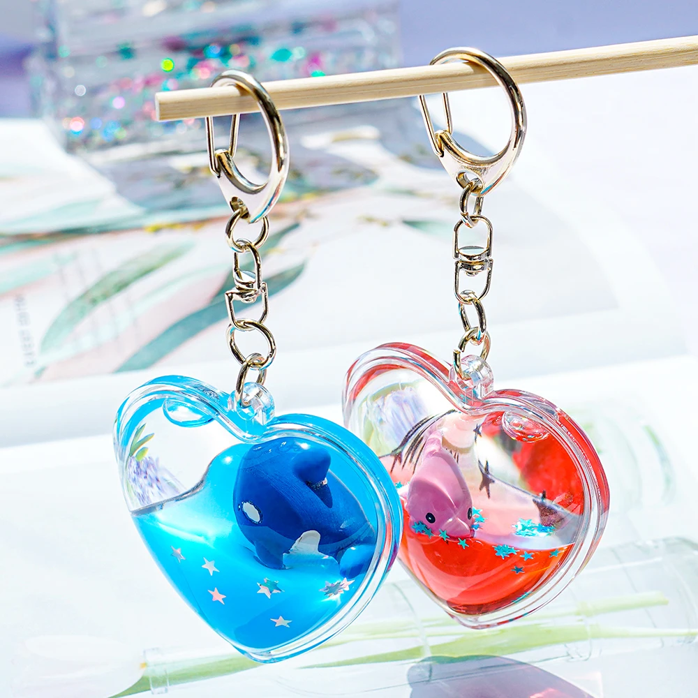Custom Acrylic Keychain with Floating Aqua Liquid Water Flotage Heart Shape Key Holder Aquaria Key Ring Cute Gifts