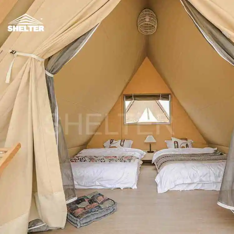 Outdoor Canvas Luxury Glamping Triangle Safari Tent With Bathroom Resort Hotel Canvas Safari Tent Lodge