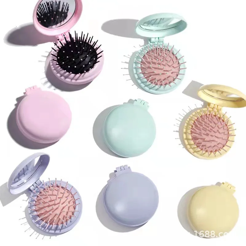 Round shape Plastic hair brush set with mirror low price folding pocket travel hair comb brush