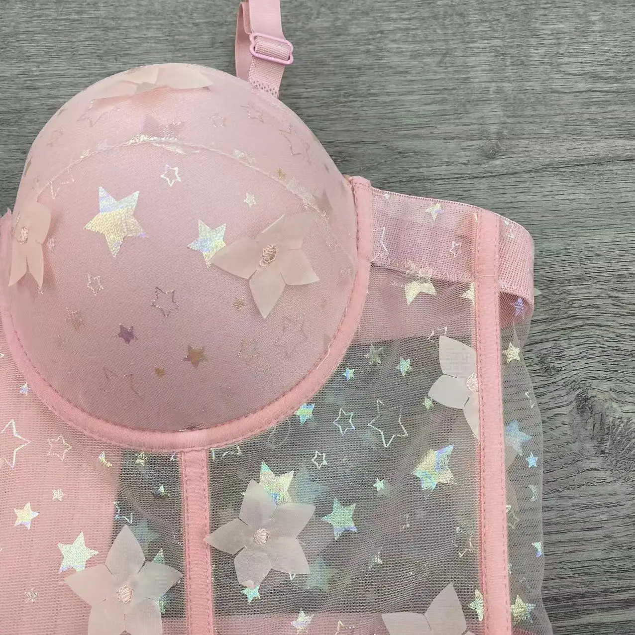 Star Three-dimensional Bing Bing Print French Floral Summer Mesh Corset Top Sequined Sexy Tops For Women Standard Bustiers